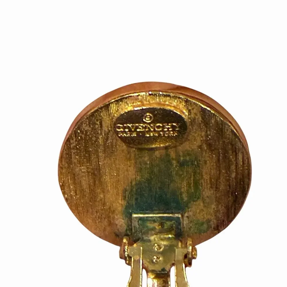 Givenchy Paris New York Carved Fan Onyx Black Gold Tone Clip On Earrings 80s